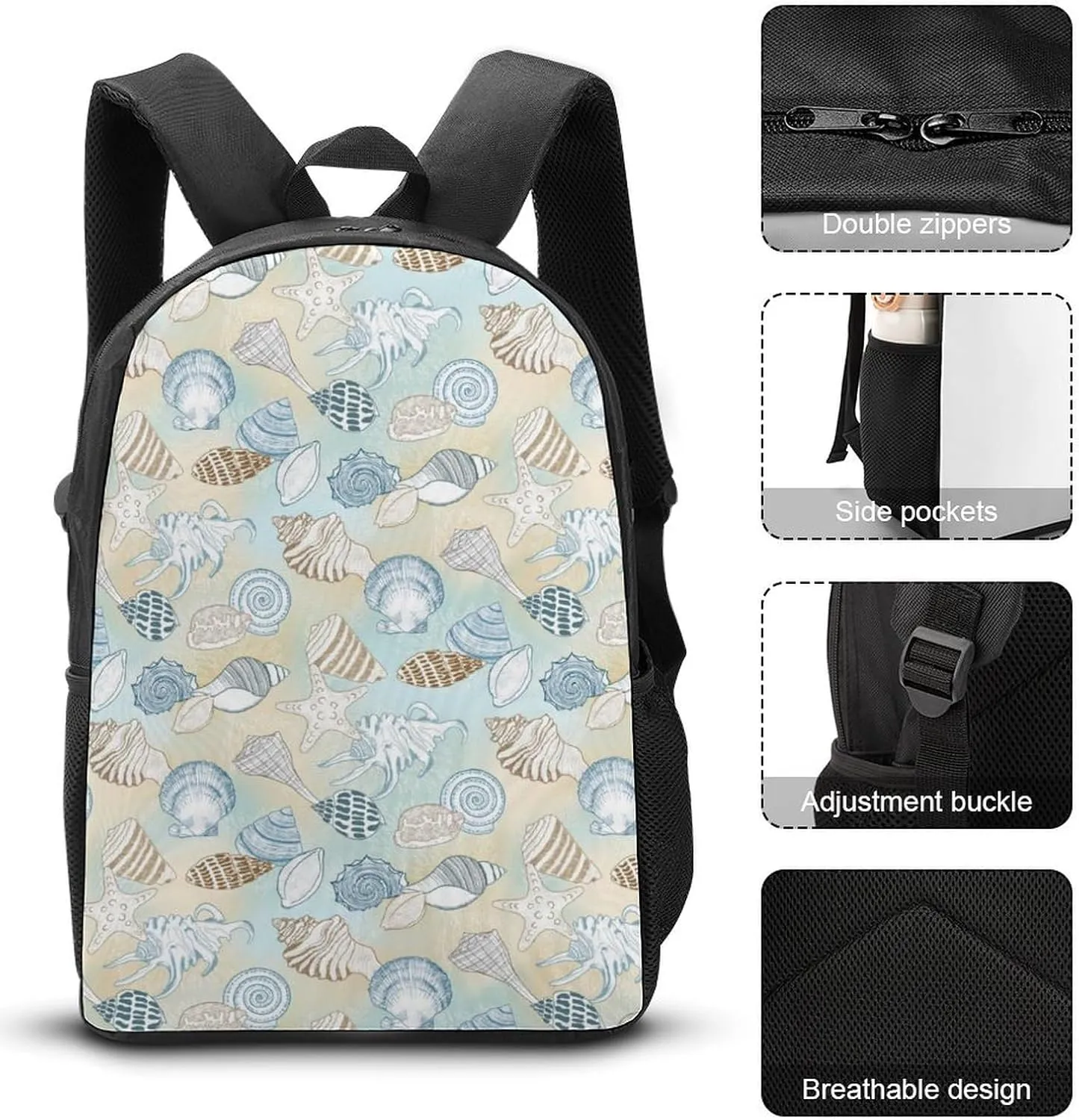 Beach Seashells Pattern Shoulder Backpack Diagonal Lunch Bag Pencil Case Set