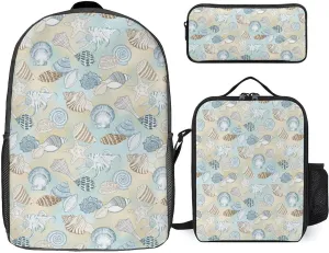 Beach Seashells Pattern Shoulder Backpack Diagonal Lunch Bag Pencil Case Set