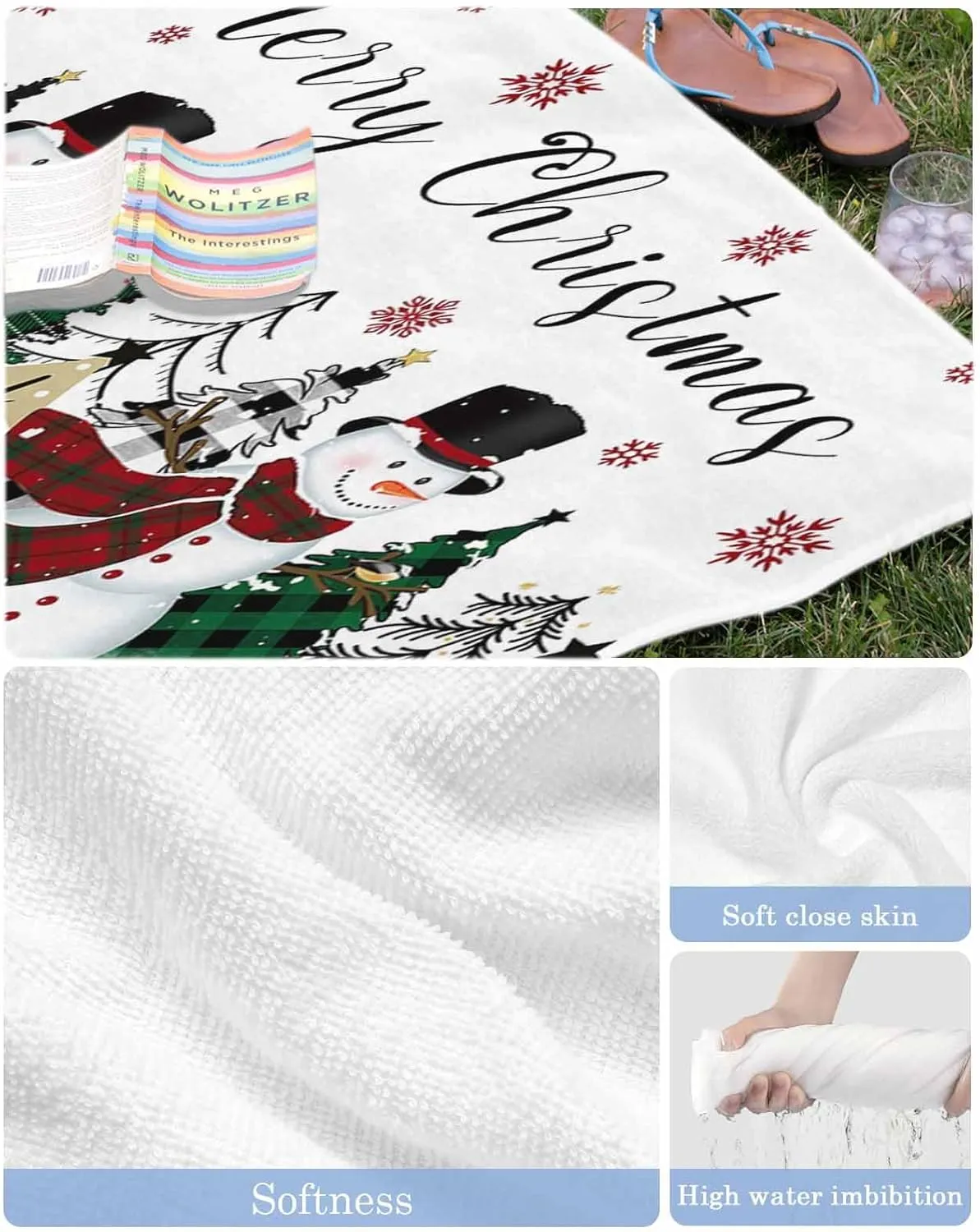 Beach Towel Christmas Snowman Check Xmas Tree Snowflake Black Bath Pool Towels Sand Free Blanket Quick Dry Lightweight Travel Blankets for Adults Gifts 30x60in