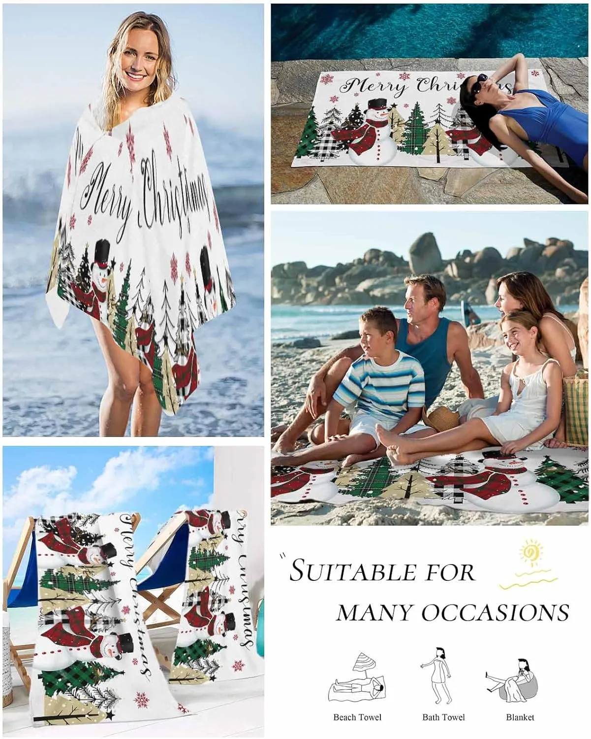 Beach Towel Christmas Snowman Check Xmas Tree Snowflake Black Bath Pool Towels Sand Free Blanket Quick Dry Lightweight Travel Blankets for Adults Gifts 30x60in