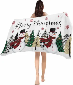 Beach Towel Christmas Snowman Check Xmas Tree Snowflake Black Bath Pool Towels Sand Free Blanket Quick Dry Lightweight Travel Blankets for Adults Gifts 30x60in