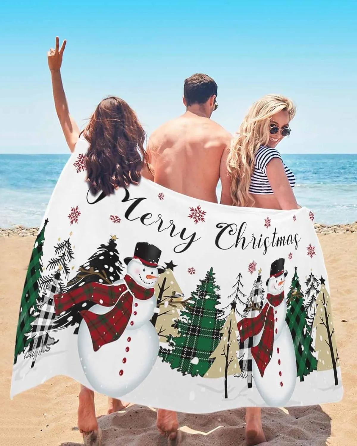 Beach Towel Christmas Snowman Check Xmas Tree Snowflake Black Bath Pool Towels Sand Free Blanket Quick Dry Lightweight Travel Blankets for Adults Gifts 30x60in