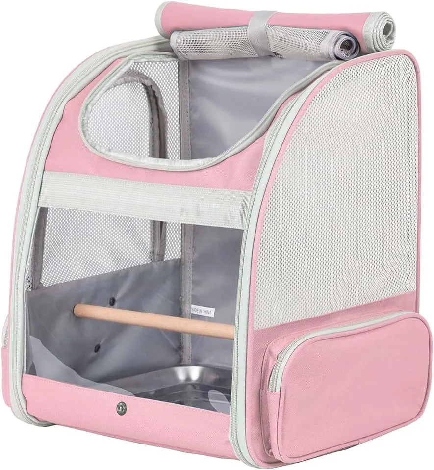 Bird Carrier Backpack with Wooden Stand Perch, Bird Travel Carrier Backpack (Pink, Bird Backpack)