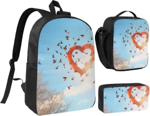 Bird Love Heart Art print Backpack 3pcs Set Including 17 Inch Large BookBag With Lunch Bag And Practical Pen Bag