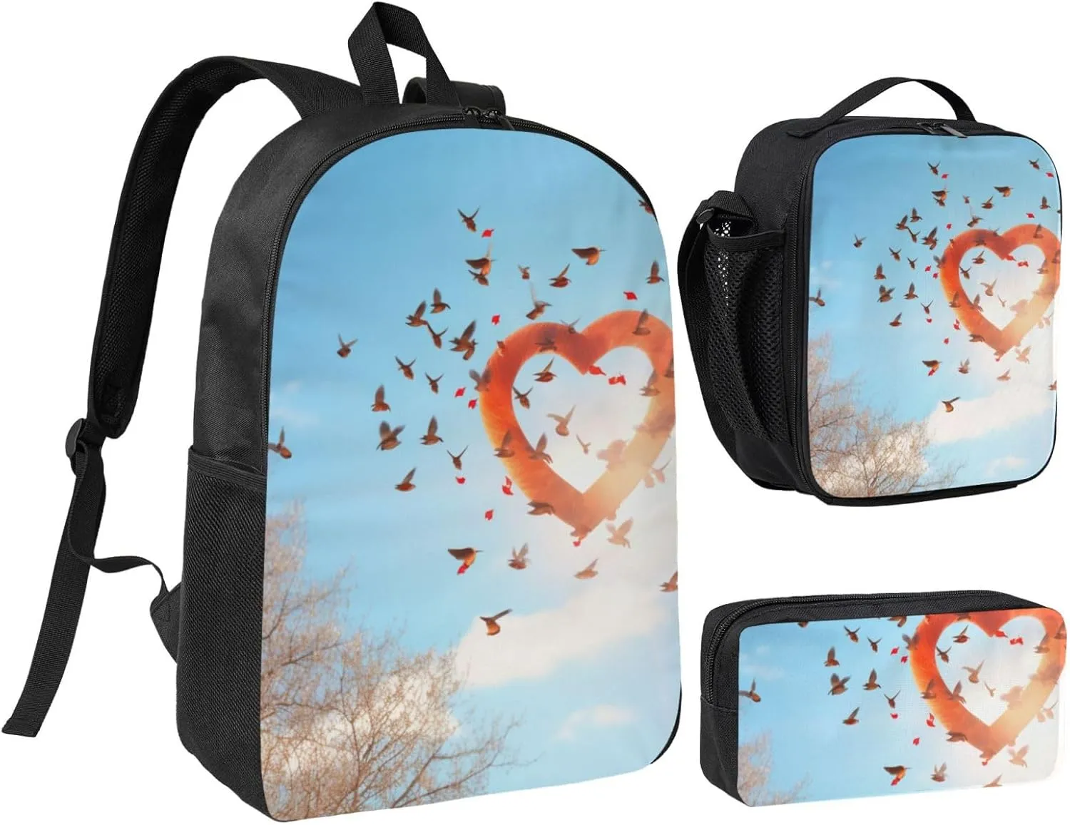 Bird Love Heart Art print Backpack 3pcs Set Including 17 Inch Large BookBag With Lunch Bag And Practical Pen Bag