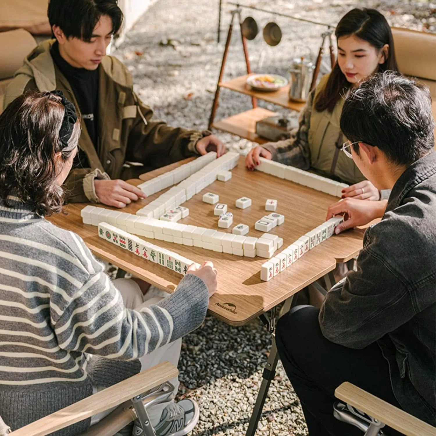 BK&MF Elevated Wooden Outdoor Folding Table,Aluminum Picnic Camping Mahjong Table Ultralight Height Adjustable for Camp, Boat, Travel,A,80x80x60cm(31x31x24inch)