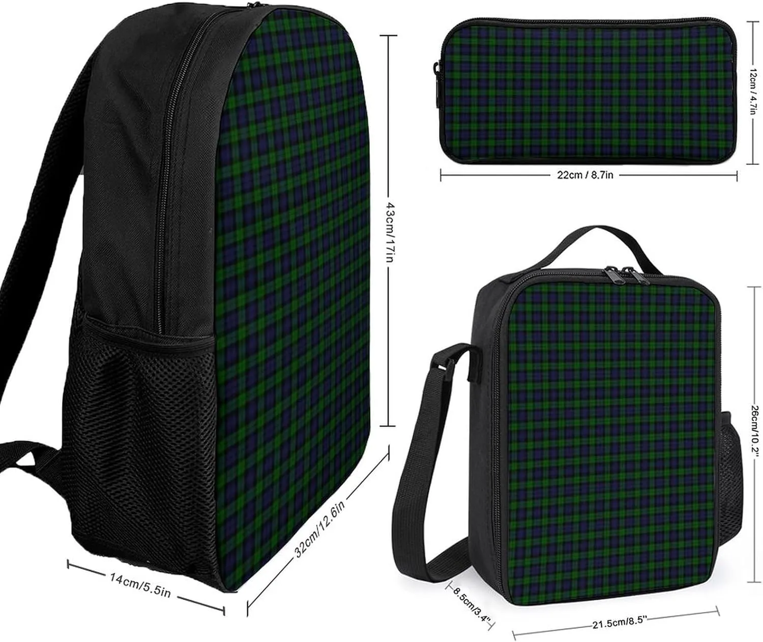 BlackWatch Tartan Plaid 17 Inch Backpack Diagonal Lunch Bag Pencil Case Set Unisex