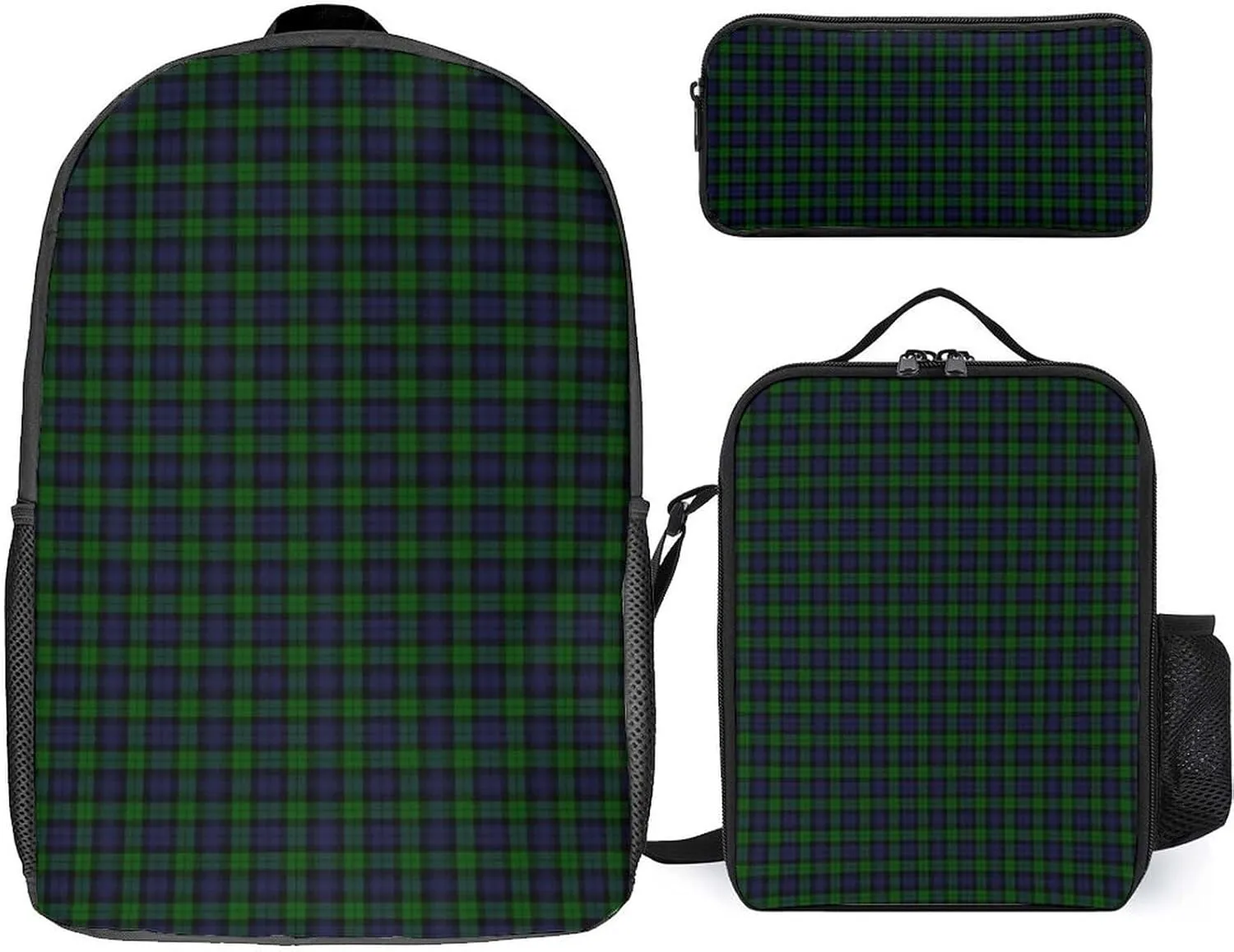 BlackWatch Tartan Plaid 17 Inch Backpack Diagonal Lunch Bag Pencil Case Set Unisex
