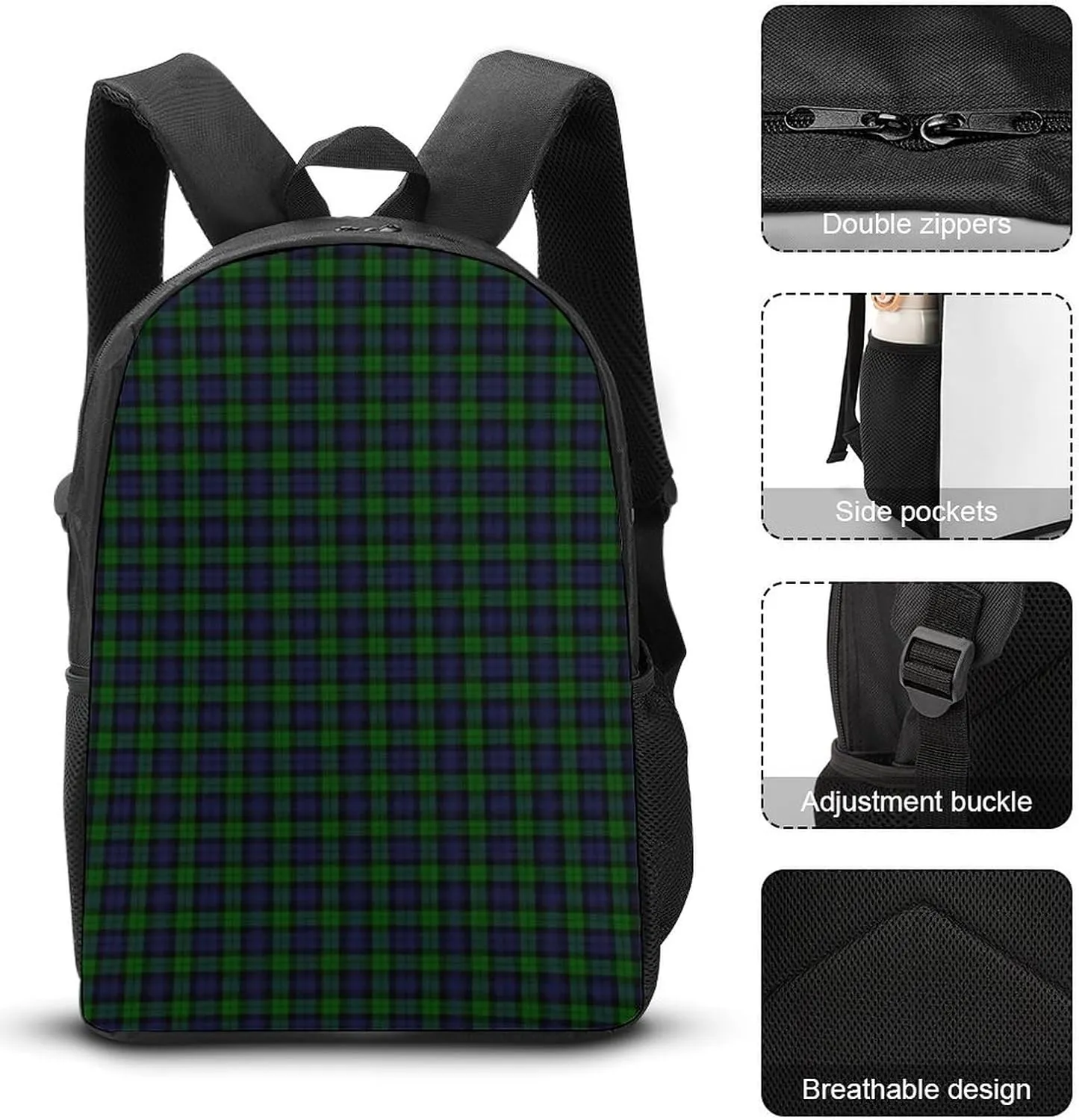 BlackWatch Tartan Plaid 17 Inch Backpack Diagonal Lunch Bag Pencil Case Set Unisex
