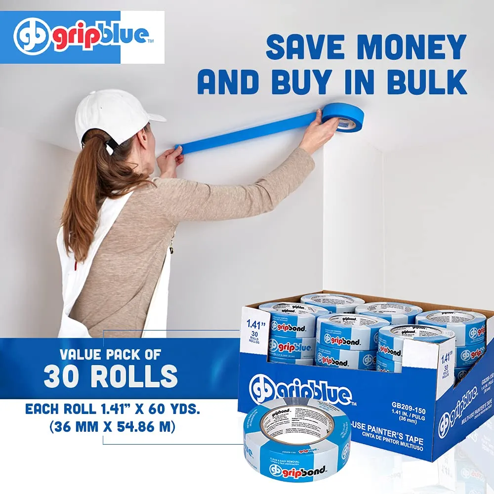 Blue Painters Tape 1.5 inch Wide (30 Rolls - 1.41in x 60yds), Blue Masking Tape for Painting Walls - Multi-Surface, Sharp Line, Residue-Free