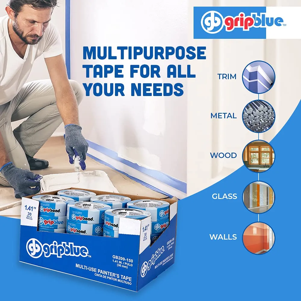 Blue Painters Tape 1.5 inch Wide (30 Rolls - 1.41in x 60yds), Blue Masking Tape for Painting Walls - Multi-Surface, Sharp Line, Residue-Free
