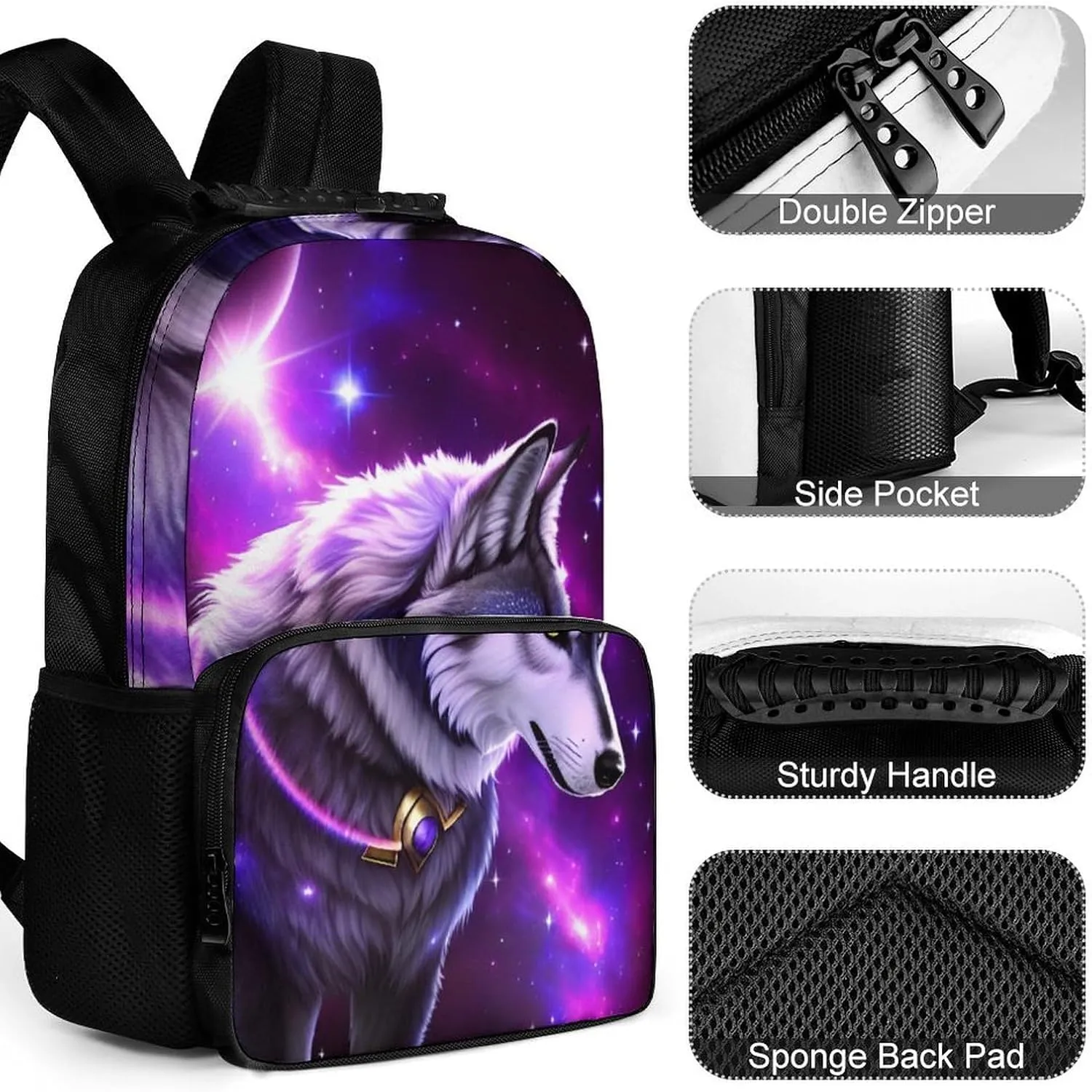 Blue Universe Galaxy Magic Wolf In The Space Art Rucksack Polyester Anti-Theft Multipurpose Carry On Bag Large Capacity Travel and Sport Backpack Rucksack With Smooth Zippers