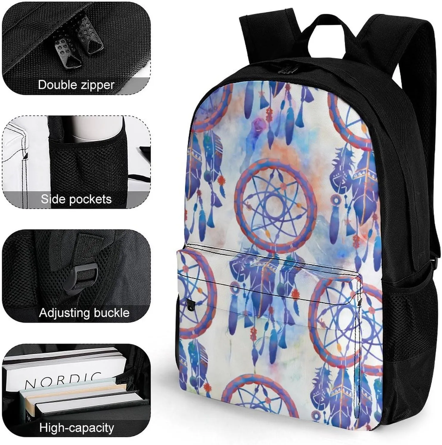 Blue Watercolor Dreamcatcher Modern Boho A Large Capacity Backpack with Pockets, Suitable for Outdoor Use, Etc