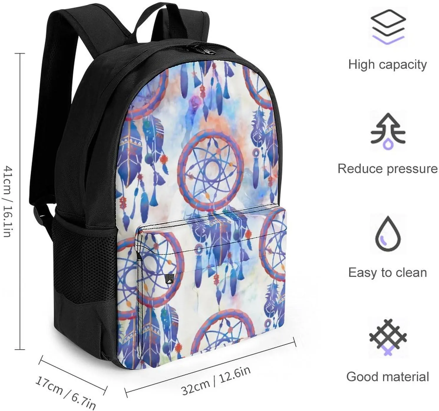 Blue Watercolor Dreamcatcher Modern Boho A Large Capacity Backpack with Pockets, Suitable for Outdoor Use, Etc