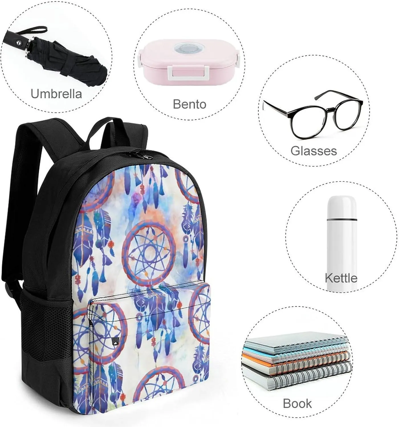 Blue Watercolor Dreamcatcher Modern Boho A Large Capacity Backpack with Pockets, Suitable for Outdoor Use, Etc