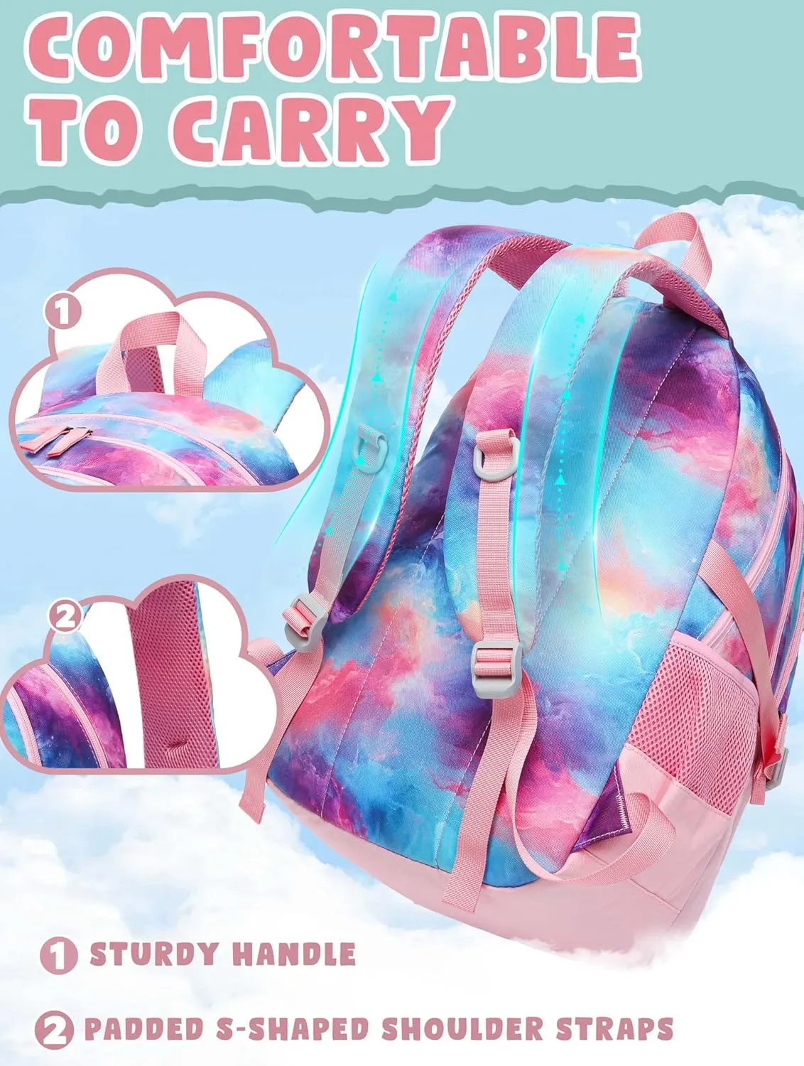 BLUEFAIRY Pink Galaxy Book Bag for Teens Girls Backpack for Middle High School Bag XL Teenagers Bookbag Casual Daypack Large Compartment Mochilas para Niñas Adolescentes 18"