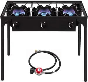 Bonnlo 3 Burner Outdoor Portable Propane Stove Gas Cooker, Heavy Duty Iron Cast Patio Burner with Detachable Stand Legs for Camp Cooking (3-Burner 225,000-BTU)