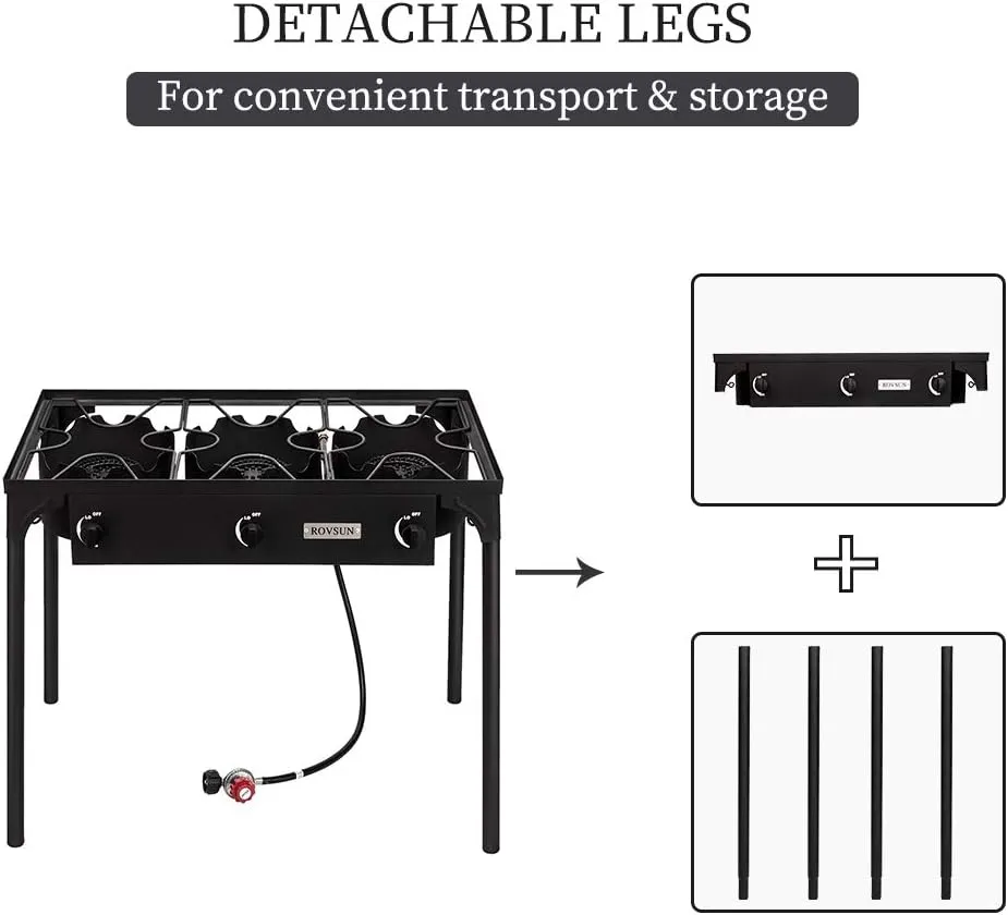 Bonnlo 3 Burner Outdoor Portable Propane Stove Gas Cooker, Heavy Duty Iron Cast Patio Burner with Detachable Stand Legs for Camp Cooking (3-Burner 225,000-BTU)