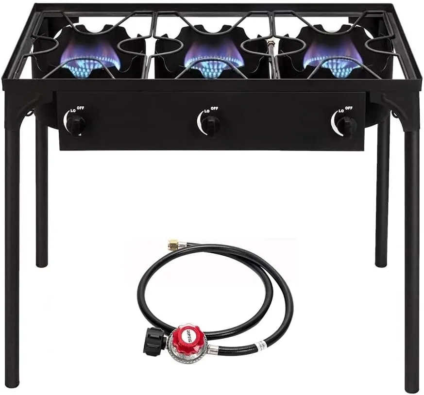 Bonnlo 3 Burner Outdoor Portable Propane Stove Gas Cooker, Heavy Duty Iron Cast Patio Burner with Detachable Stand Legs for Camp Cooking (3-Burner 225,000-BTU)