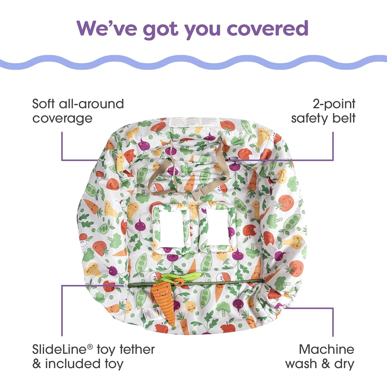 Boppy Shopping Cart Cover, Farmer’s Market Veggies, Cart Cover for Babies with Soft 360-Degree Coverage, Safety Harness, and SlideLine Toy Tether with Plush Carrot Included, 6mo 