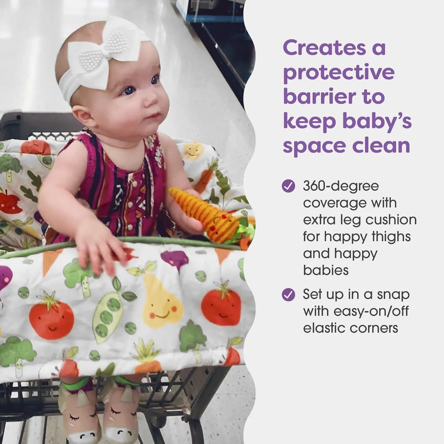 Boppy Shopping Cart Cover, Farmer’s Market Veggies, Cart Cover for Babies with Soft 360-Degree Coverage, Safety Harness, and SlideLine Toy Tether with Plush Carrot Included, 6mo 