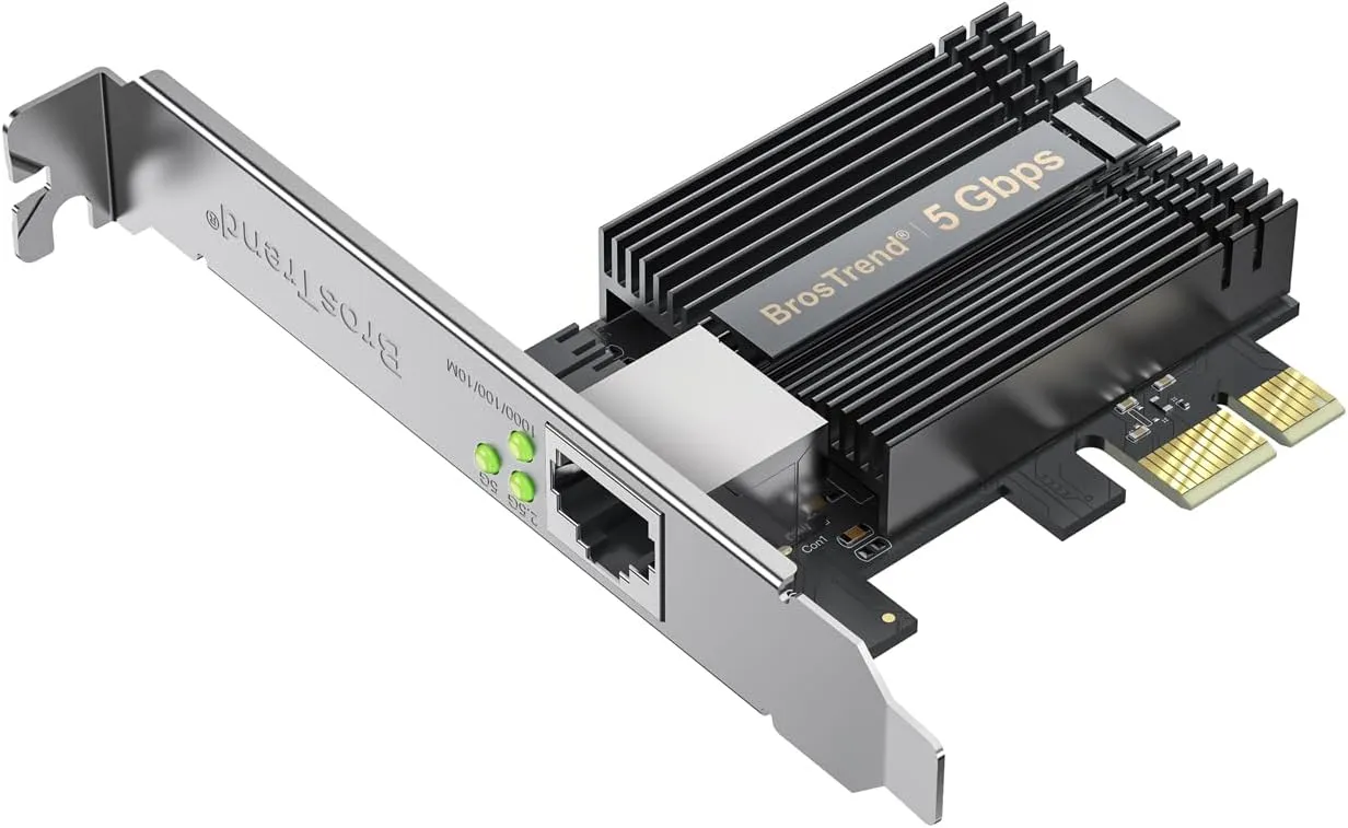 BrosTrend 5Gb PCIe Network Card, PCIe Ethernet Card with Extra Low-Profile, PCI Express Network Adapter for PC Windows 11/10 & Windows Server 2022 ONLY, PCI-e to 5 Gigabit NIC Lifetime Protection