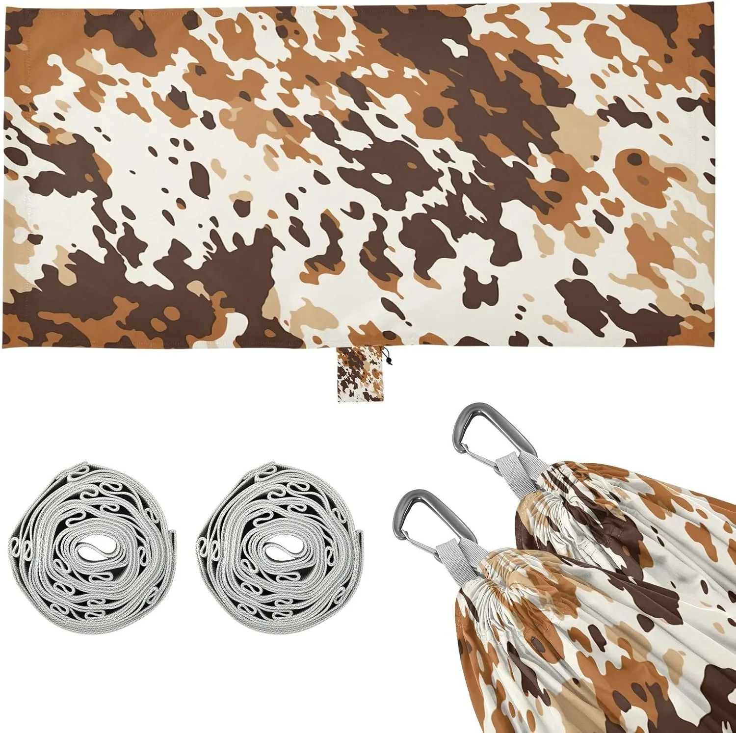 Brown Cow Print Pattern Camping Hammock, Single Portable Hammocks with Tree Straps & Attached Carry Bag, 330Lbs Capacity Perfect for Outside Indoor Hiking Beach Backpack Travel