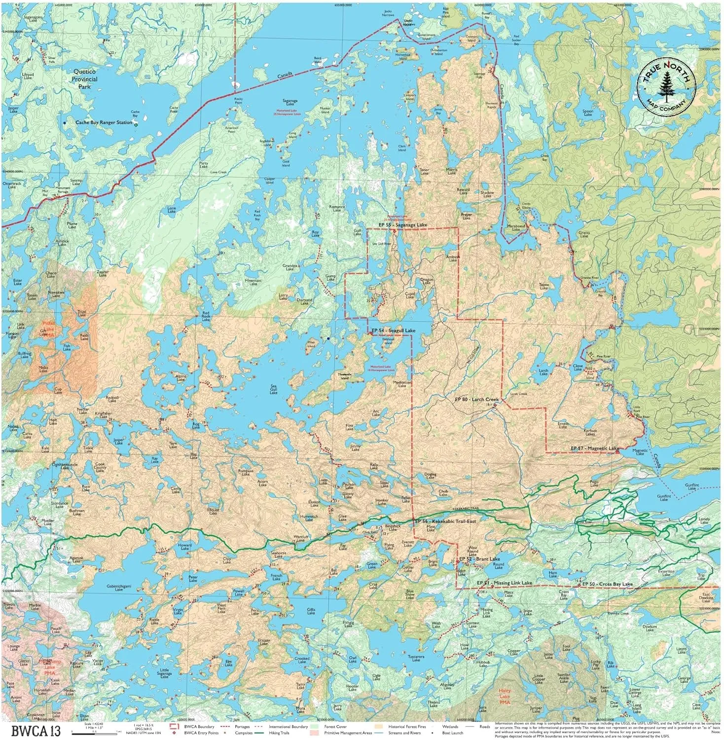 BWCA Map - BWCA 13 – Waterproof, Durable Cloth Map for Canoeing, Hiking, and Camping by True North Map Company