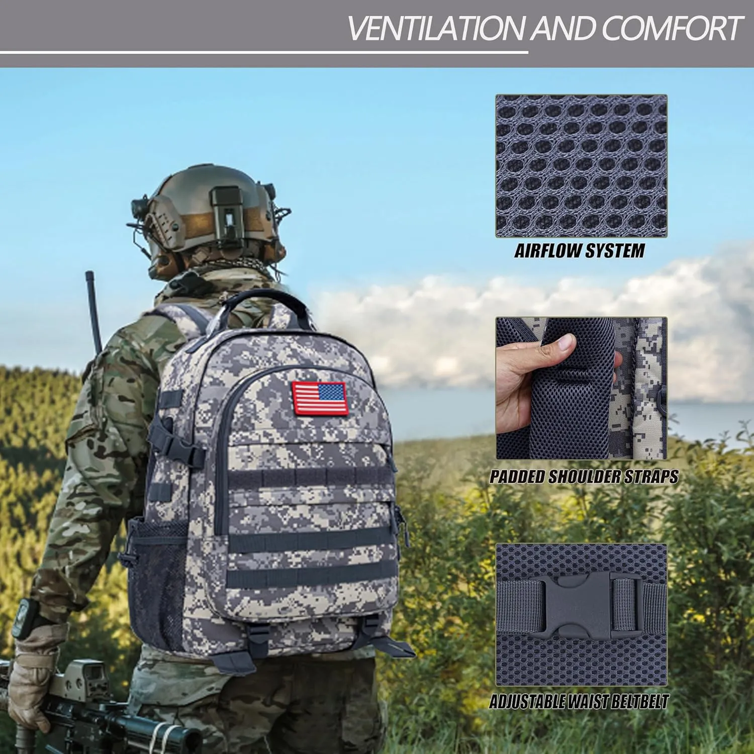 Camo Backpack 40L Military Elementary Middle School Boys Backpack Molle with USB Charging Port & Flag Patch