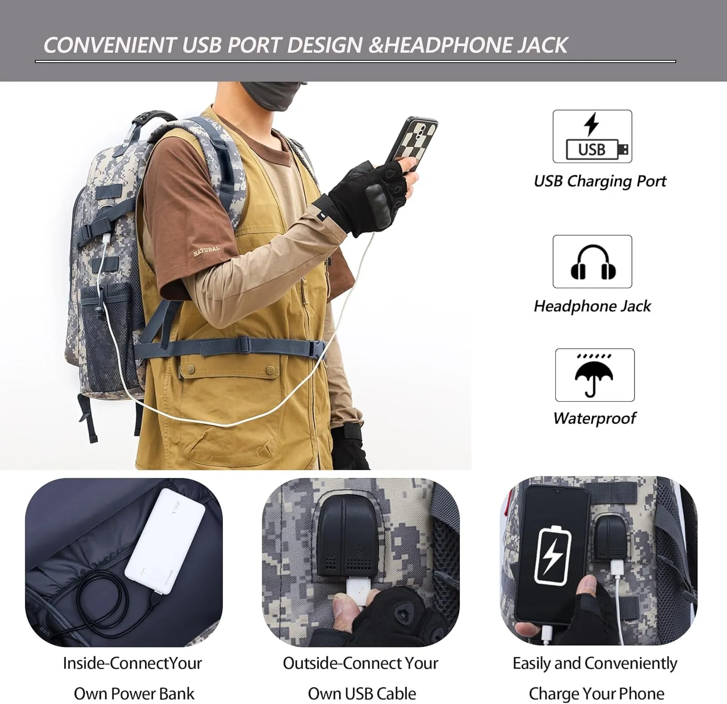 Camo Backpack 40L Military Elementary Middle School Boys Backpack Molle with USB Charging Port & Flag Patch