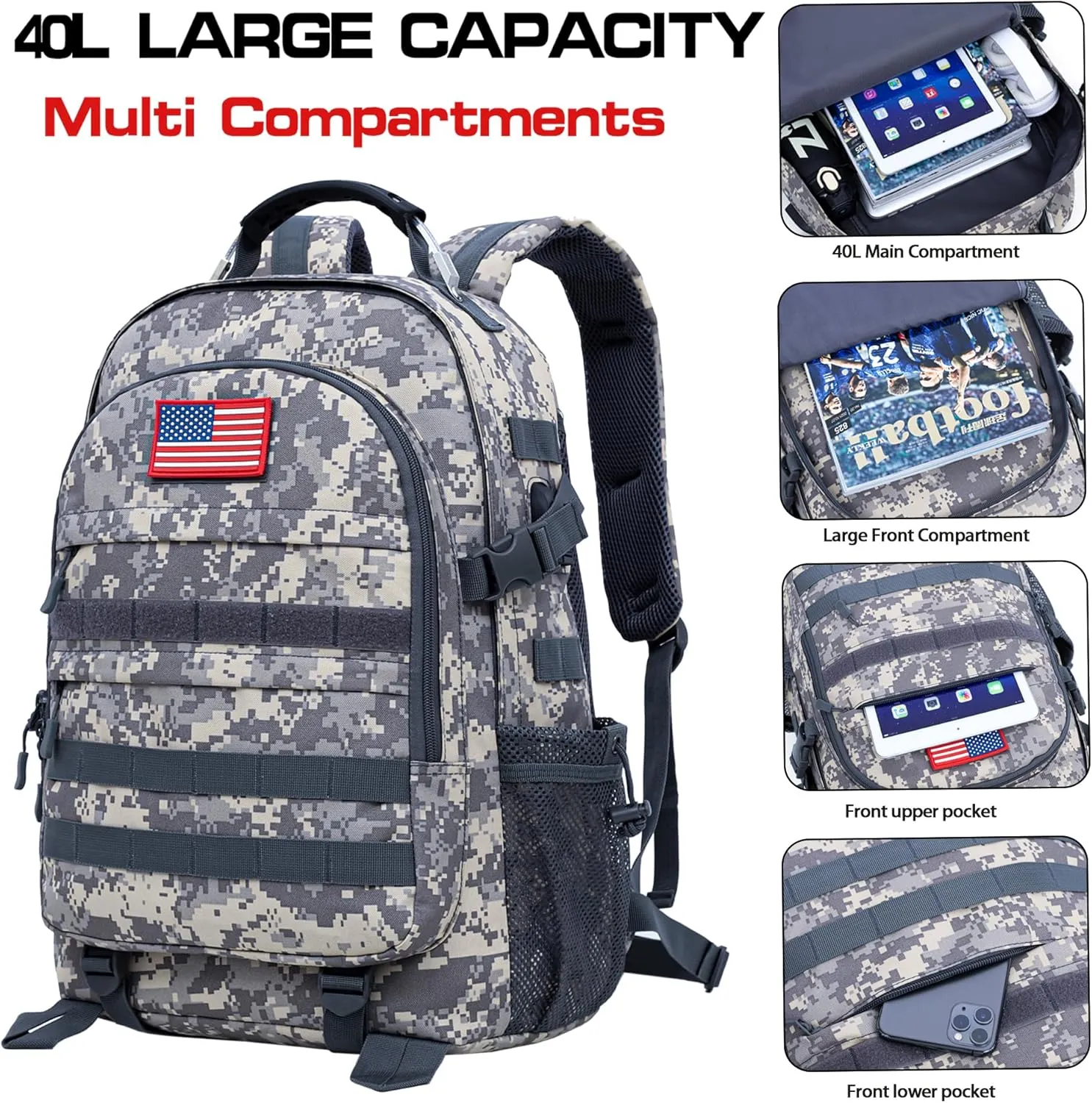 Camo Backpack 40L Military Elementary Middle School Boys Backpack Molle with USB Charging Port & Flag Patch