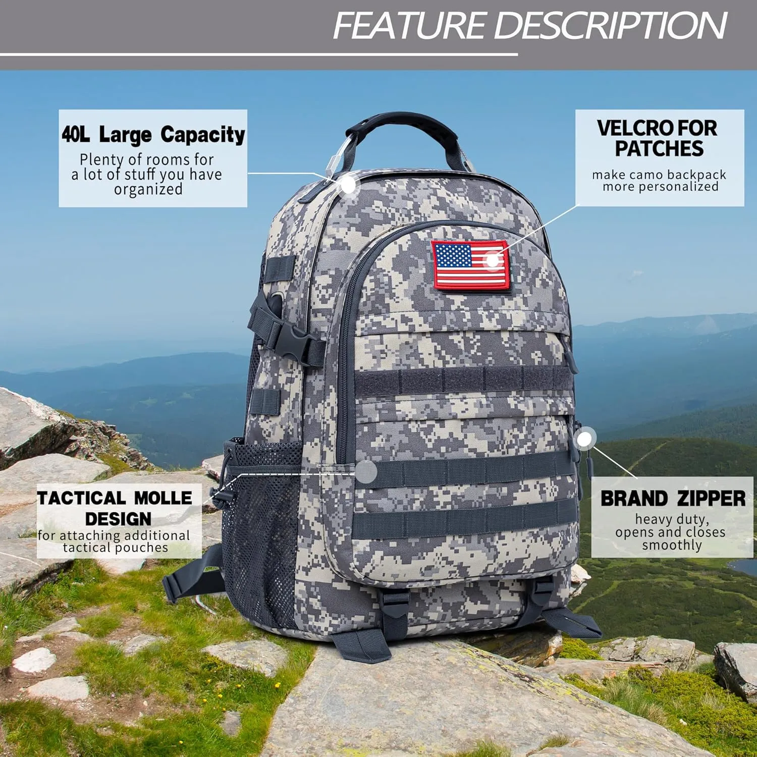 Camo Backpack 40L Military Elementary Middle School Boys Backpack Molle with USB Charging Port & Flag Patch