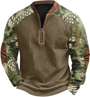 Camo Sweatshirts for Men Quarter Zip Raglan Sleeve Henley Neck Camouflage Vintage Western Pullover Tactical Shirts