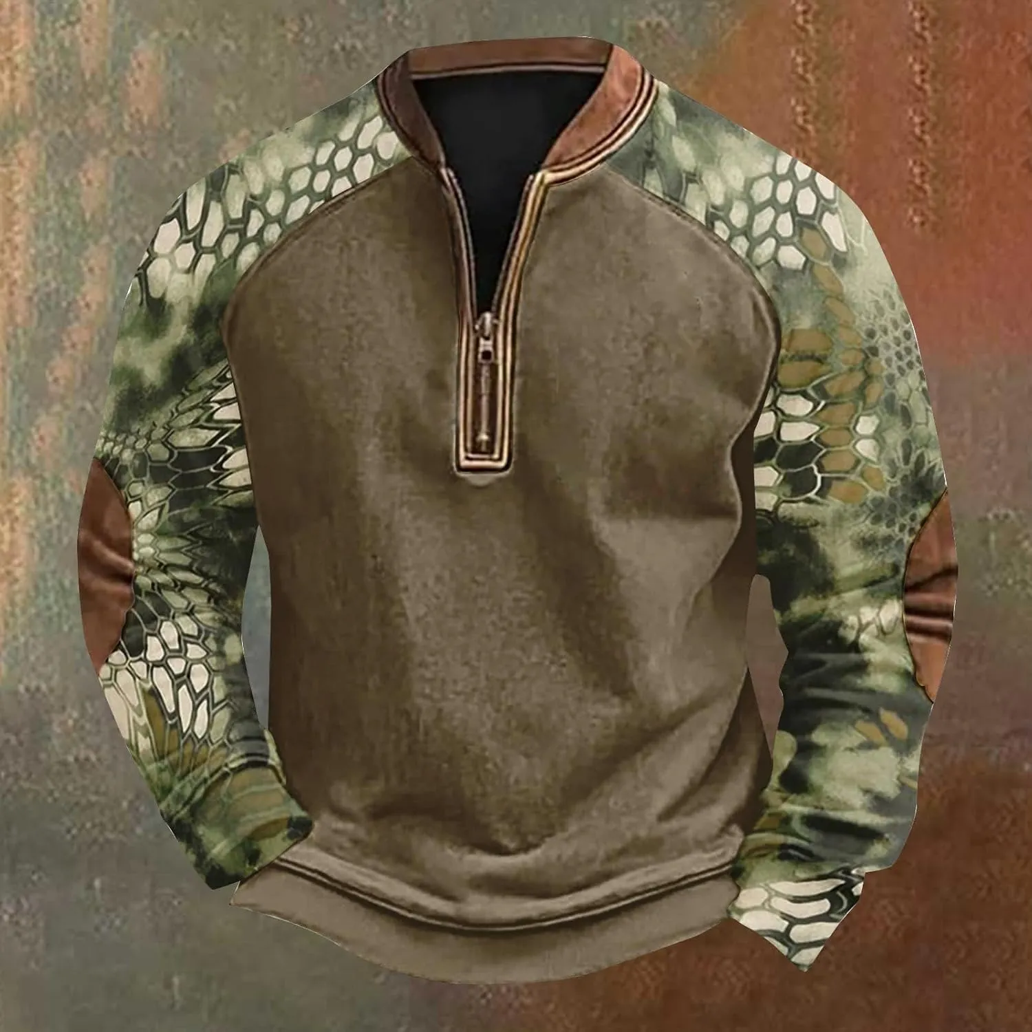 Camo Sweatshirts for Men Quarter Zip Raglan Sleeve Henley Neck Camouflage Vintage Western Pullover Tactical Shirts