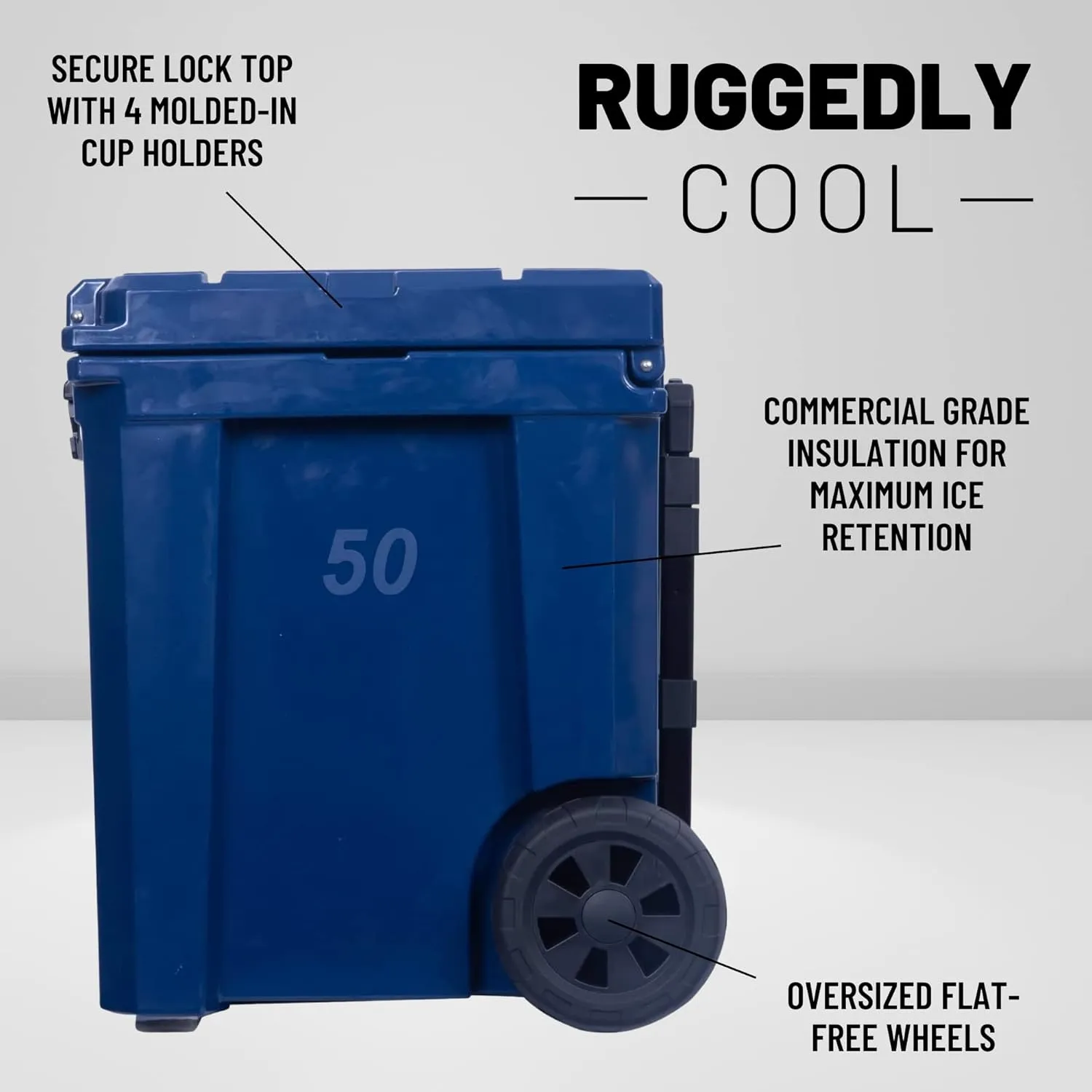CAMP-ZERO 50L- 52 Quart Hard Cooler with Easy-Roll Oversized Wheels, Extendable Aluminum Pull Handle, Perfect Insulated Ice Chest for Beverages, Beach, Camping, Family Picnics, Fishing and Boating