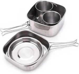Camping Cookware Set, 6Pcs Stainless Steel Portable Hard Wearing Camp Cooking Set, Lightweight Compact Backpacking Cooking Set for Hiking Barbecues Beach