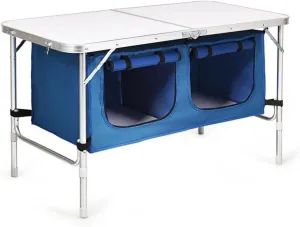 Camping Folding Aluminum Table with Storage, Outdoor Kitchen Table with Carry Handle and Adjustable Legs for Outdoor, Beach, BBQ, Picnic, Cooking, Tailgating, Backyards, Blue