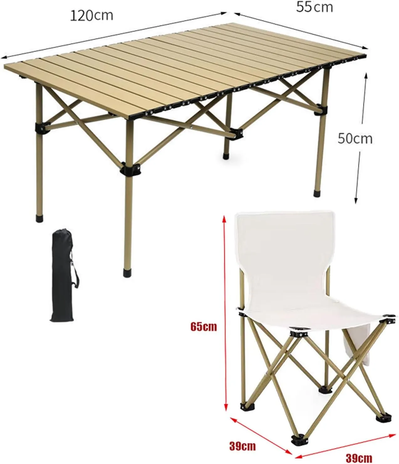 Camping Folding Table and airs Set, Aluminum Table with Aluminium Roll-up Table Top, Portable Foldable airs with Easy Carrying Bag for Indoor, Outdoor
