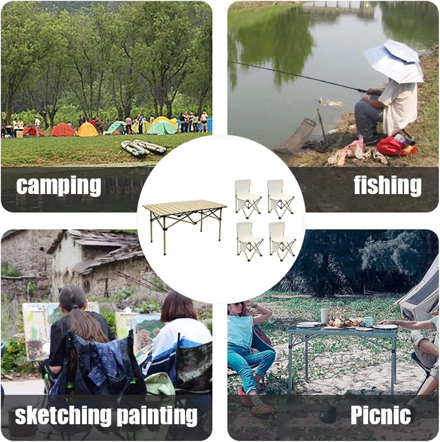 Camping Folding Table and airs Set, Aluminum Table with Aluminium Roll-up Table Top, Portable Foldable airs with Easy Carrying Bag for Indoor, Outdoor