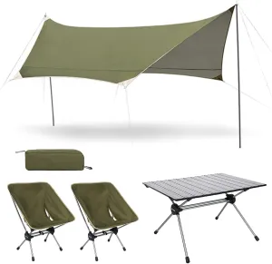 Camping Fur Set of 4 with 2 airs, 1 Table and 1 Shade Cloth, Outdoor Collapsible airs and Table with Carrying Bag and Aluminium Roll-up Top, Easy to Carry