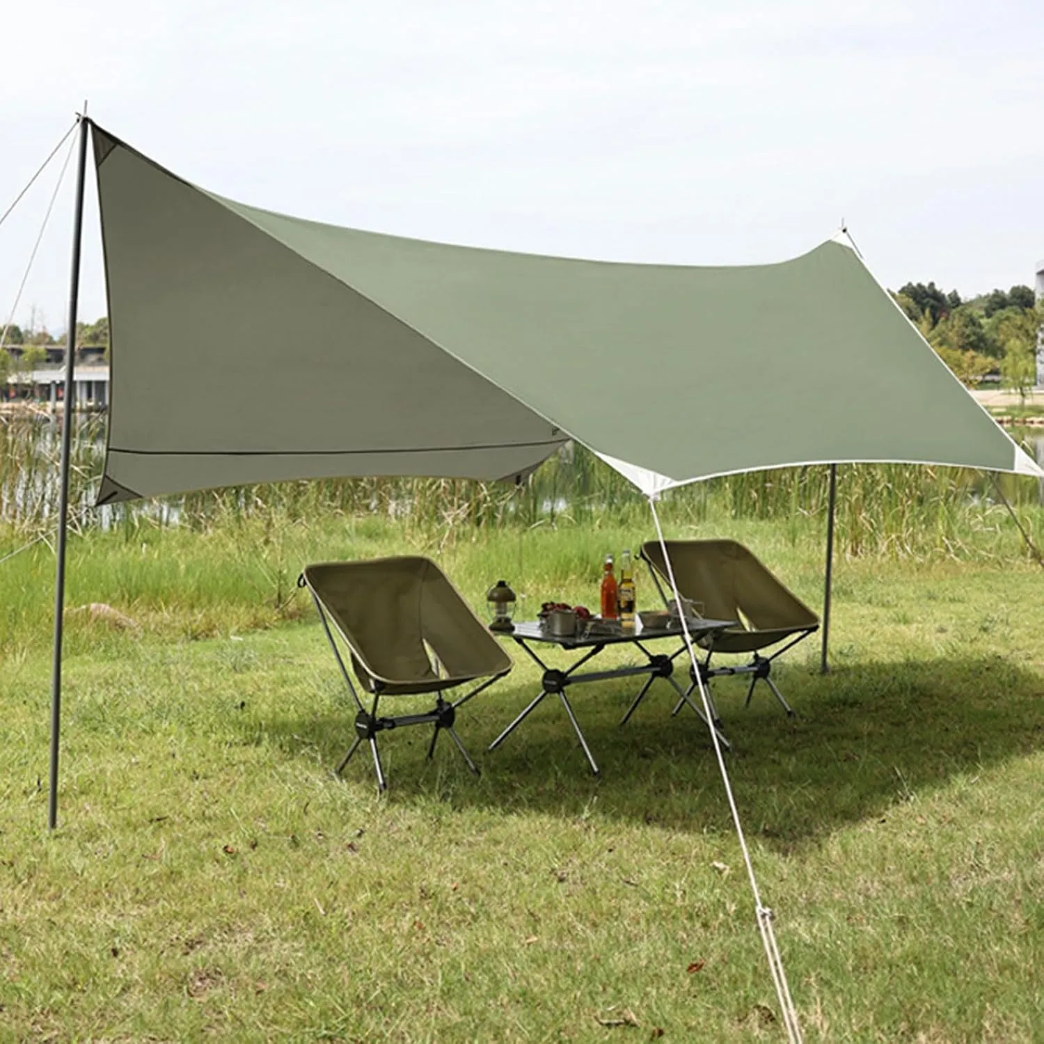 Camping Fur Set of 4 with 2 airs, 1 Table and 1 Shade Cloth, Outdoor Collapsible airs and Table with Carrying Bag and Aluminium Roll-up Top, Easy to Carry