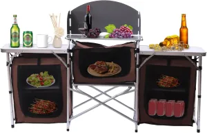 Camping Kitchen Table Folding Grill Table with 26" Tabletop 2 Side Tables Storage Organizer Detachable Windscreen Portable Camp Cook Outdoor Prep Station Backyard BBQ Picnic Brown