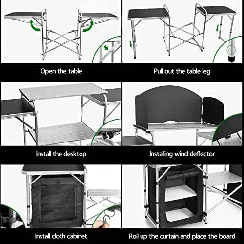 Camping Kitchen Table, Portable Aluminum Outdoor Cooking Station with 3 Storage Cupboards, Outdoor Cooking Table Ideal for Beach BBQ RV Traveling Camping Kitchen and Party (Black)