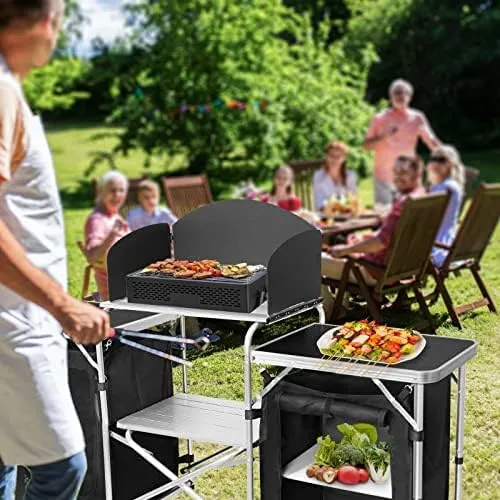 Camping Kitchen Table, Portable Aluminum Outdoor Cooking Station with 3 Storage Cupboards, Outdoor Cooking Table Ideal for Beach BBQ RV Traveling Camping Kitchen and Party (Black)