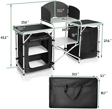 Camping Kitchen Table, Portable Aluminum Outdoor Cooking Station with 3 Storage Cupboards, Outdoor Cooking Table Ideal for Beach BBQ RV Traveling Camping Kitchen and Party (Black)