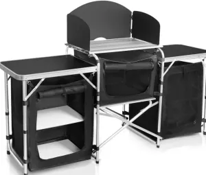 Camping Kitchen Table, Portable Aluminum Outdoor Cooking Station with 3 Storage Cupboards, Outdoor Cooking Table Ideal for Beach BBQ RV Traveling Camping Kitchen and Party (Black)