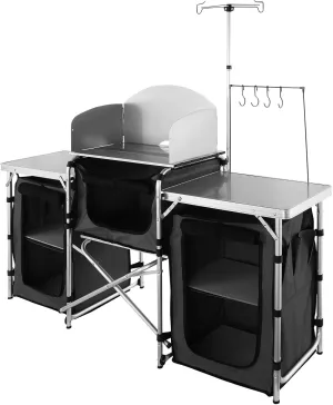 Camping Kitchen Table with Storage Bag, Aluminum Cook Station 3 Cupboard & Windscreen, Quick Set-up for Picnics, BBQ, RV Travel