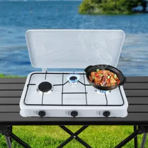Camping Stove, Portable JK-003C 3 Burners Rectangular Outdoor Camping Grill Gas Stove LPG Cooktop Desktop Cooker w/Lid&Wind Guards for Camping, Tailgating, BBQ 23.23 * 12.6 * 2.76in