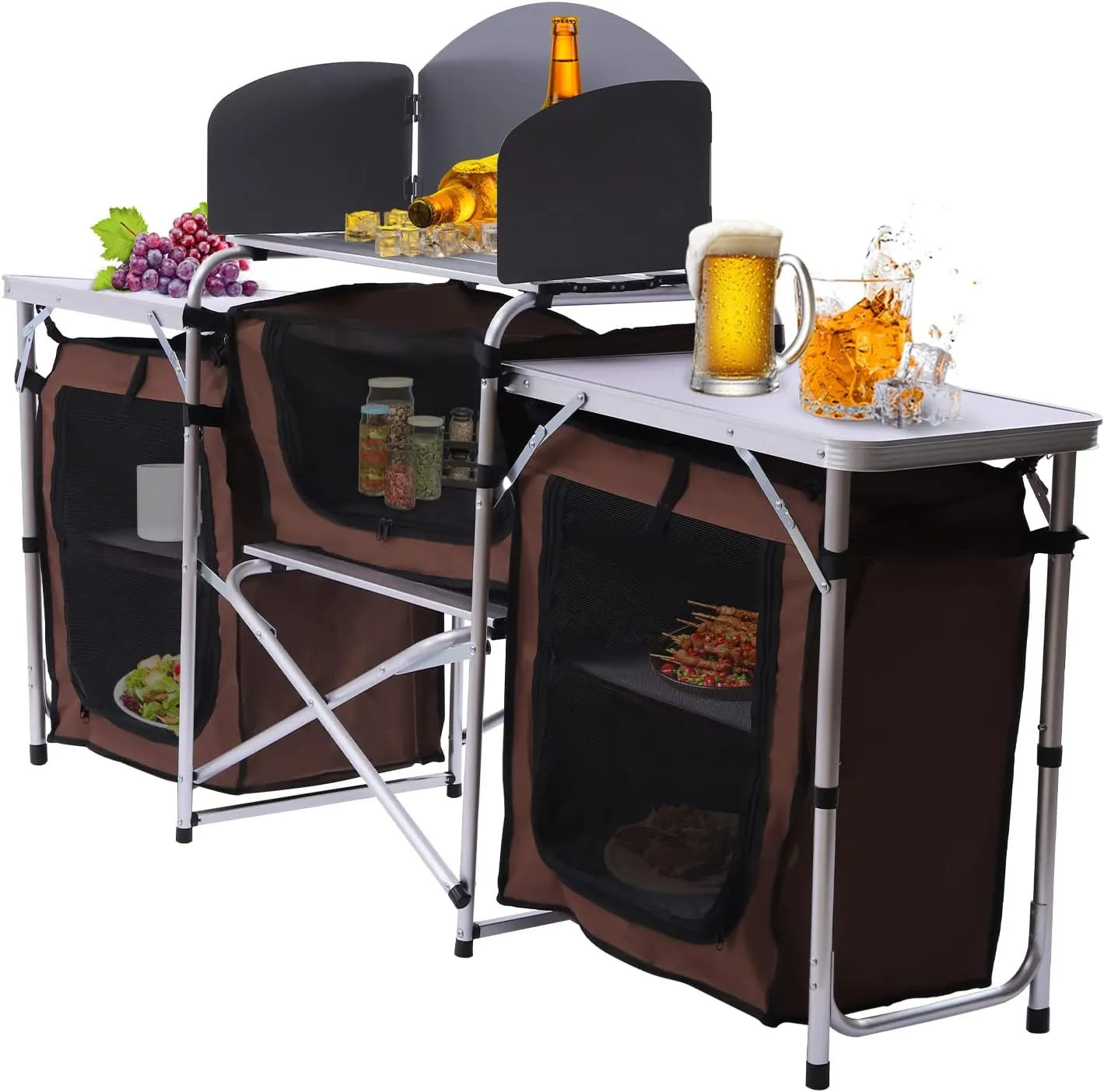 Camping Table, Brown Camping Kitchen Station with 26'' Tabletop & 2 Side Tables, Portable Camp Cook Table with Storage Organizer & Detachable Windscreen, Prep Station Backyard BBQ Picnic
