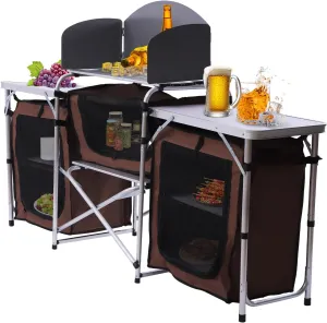 Camping Table, Brown Camping Kitchen Station with 26'' Tabletop & 2 Side Tables, Portable Camp Cook Table with Storage Organizer & Detachable Windscreen, Prep Station Backyard BBQ Picnic